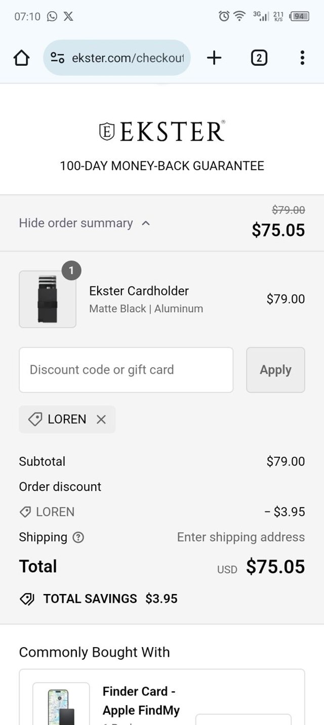 Ekster checkout page showing Ekster discount code box | Screenshot taken by SimplyCodes community member on Aug 19, 2024