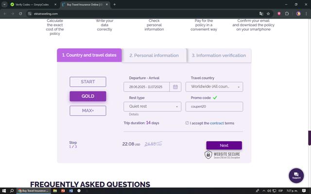 EKTA Traveling checkout page showing EKTA Traveling promo code box | Screenshot taken by SimplyCodes community member on Jun 28, 2025