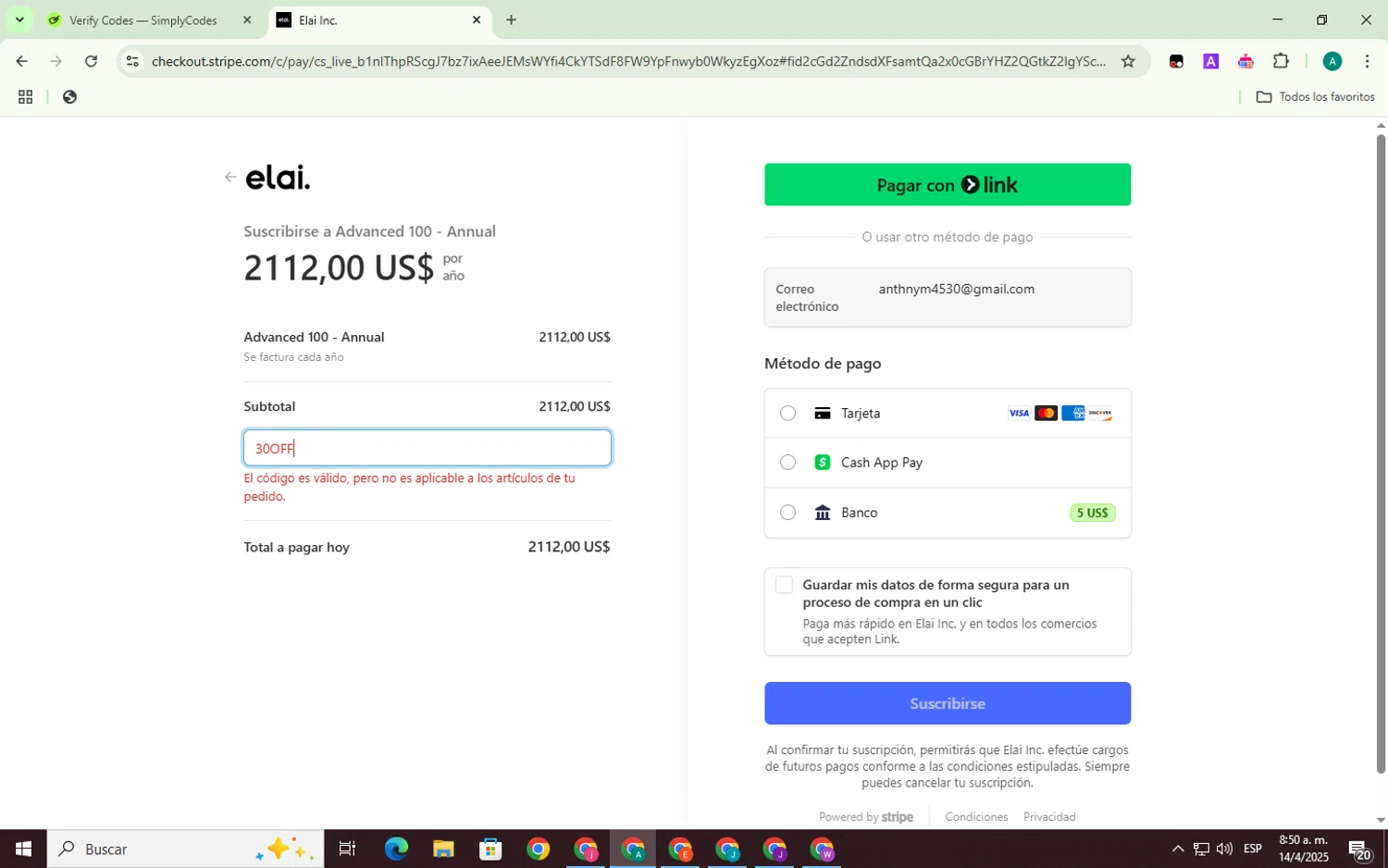 Elai promo code screenshot showing code 30OFF applied at Elai checkout page. Uploaded by SimplyCodes community member ThriftyMaverick3223 on Apr 14, 2025