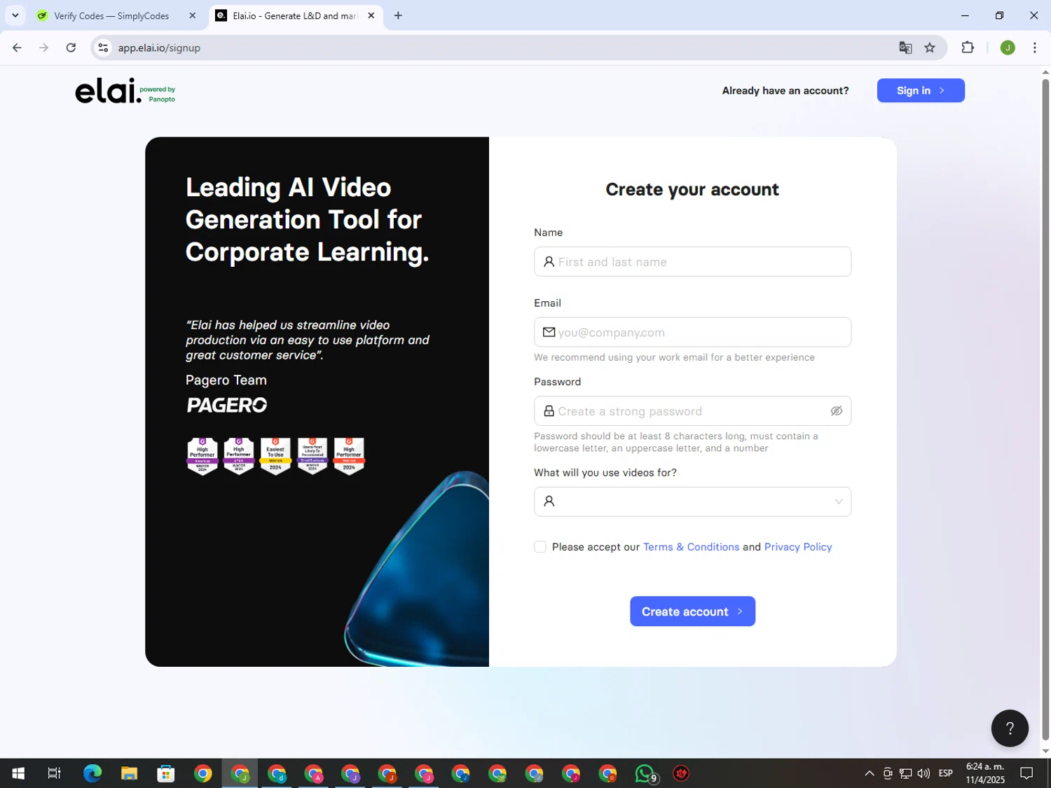 Elai promo code screenshot showing code ADVANCED5 applied at Elai checkout page. Uploaded by SimplyCodes community member MightyFinder1041 on Apr 11, 2025