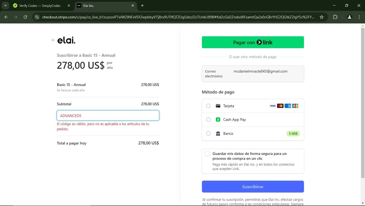 Elai promo code screenshot showing code ADVANCED5 applied at Elai checkout page. Uploaded by SimplyCodes community member LegendaryFalcon5662 on Mar 3, 2025