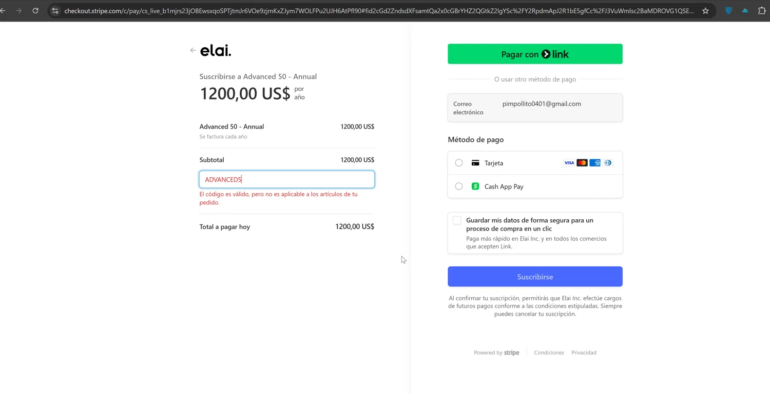 Elai checkout page showing Elai promo code box | Screenshot taken by SimplyCodes community member on Feb 2, 2025