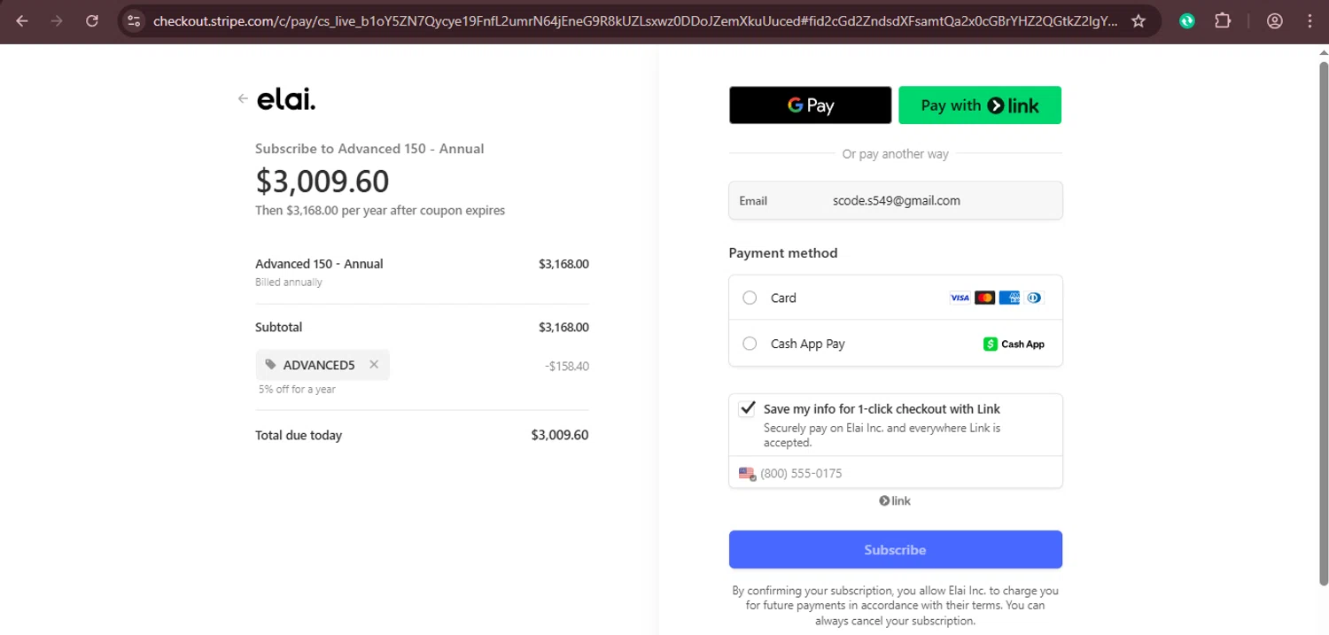 Elai promo code screenshot showing code ADVANCED5 applied at Elai checkout page. Uploaded by SimplyCodes community member xaswqe on Mar 13, 2025