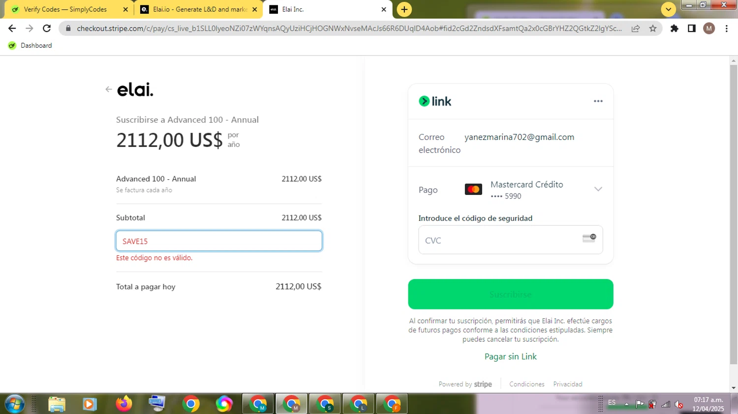 Elai promo code screenshot showing code SAVE15 applied at Elai checkout page. Uploaded by SimplyCodes community member SmartSleuth1503 on Apr 12, 2025