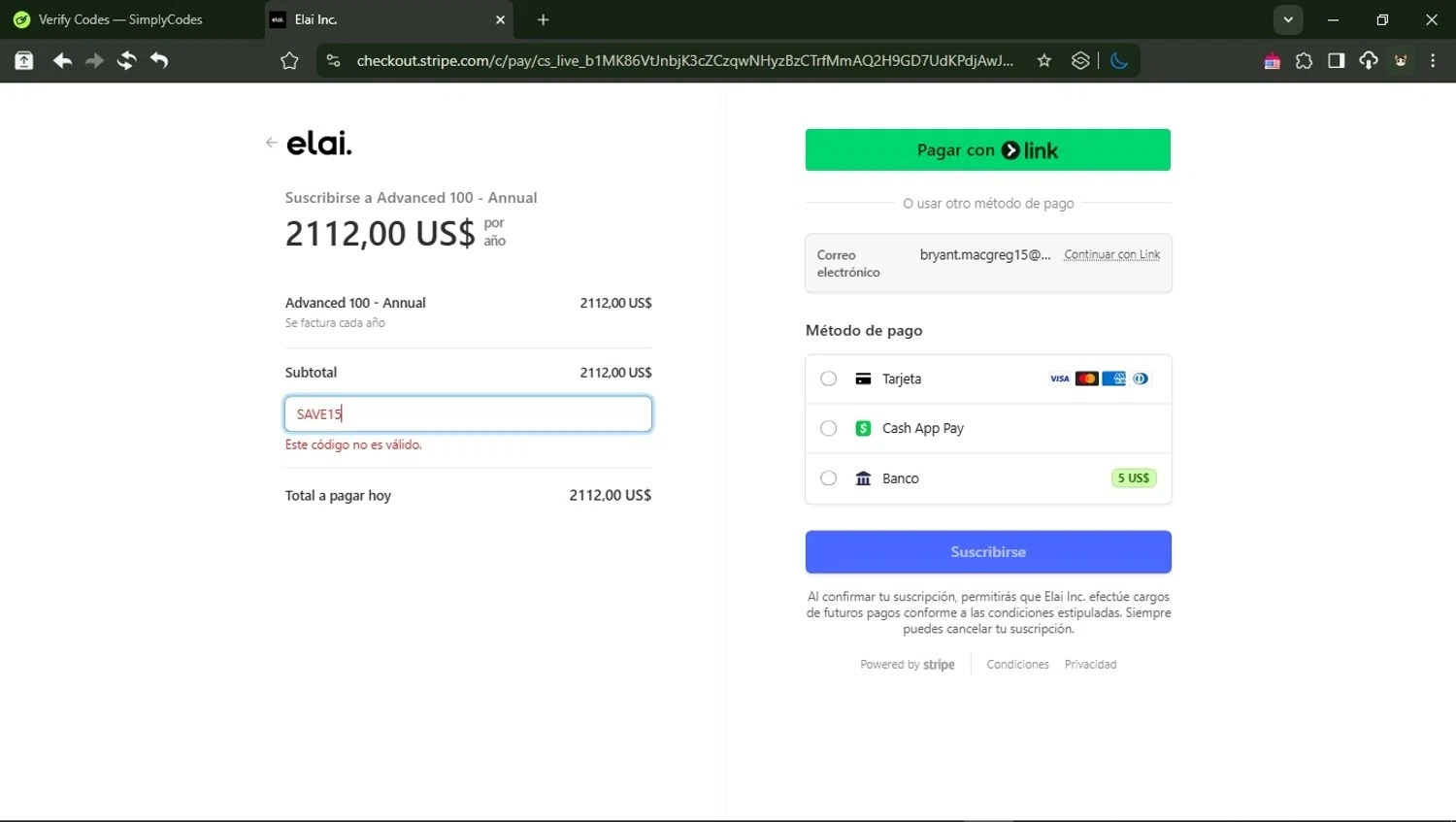 Elai promo code screenshot showing code SAVE15 applied at Elai checkout page. Uploaded by SimplyCodes community member RewardMonarch1185 on Apr 12, 2025