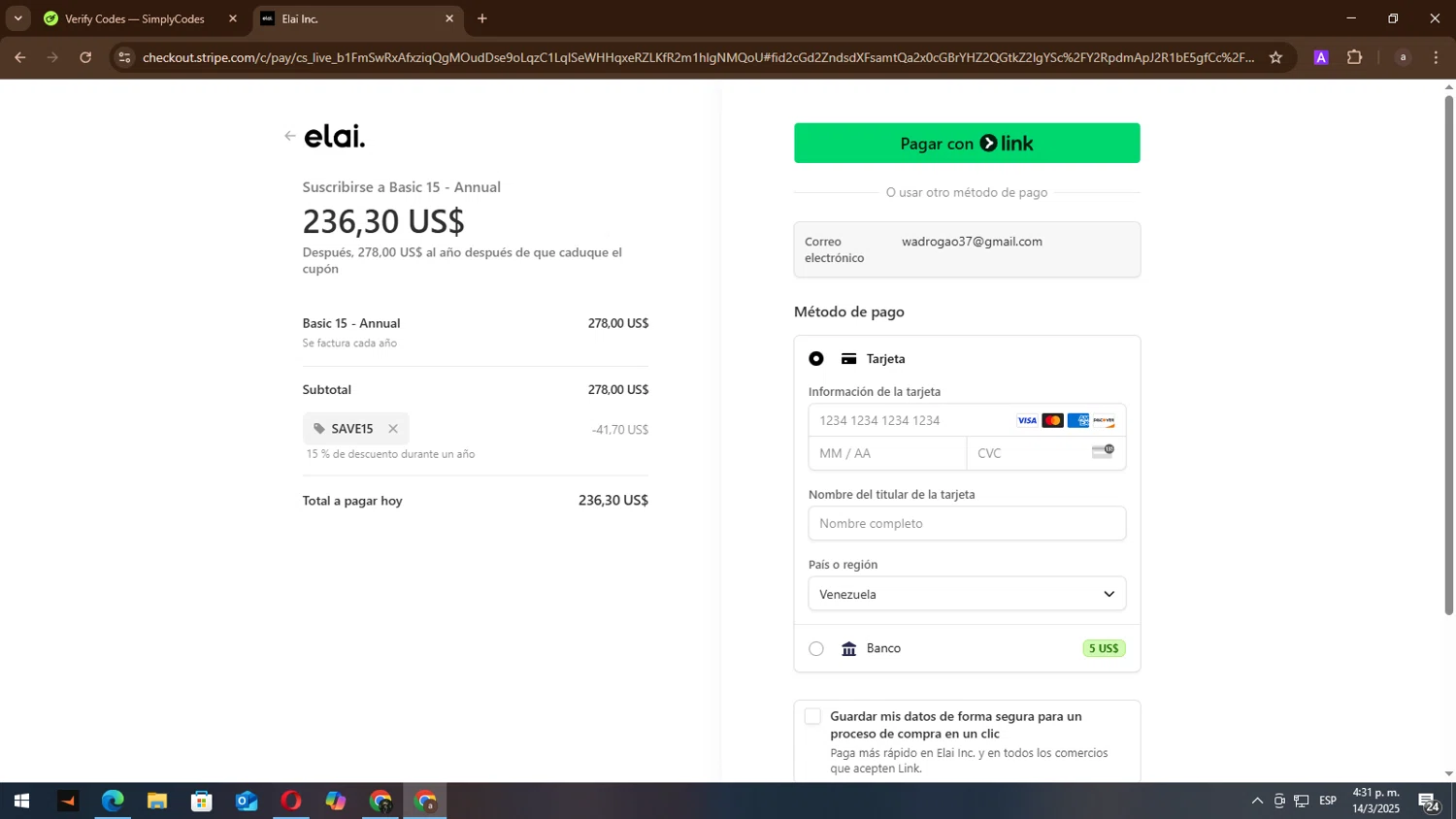 Elai checkout page showing Elai promo code box | Screenshot taken by SimplyCodes community member on Mar 14, 2025