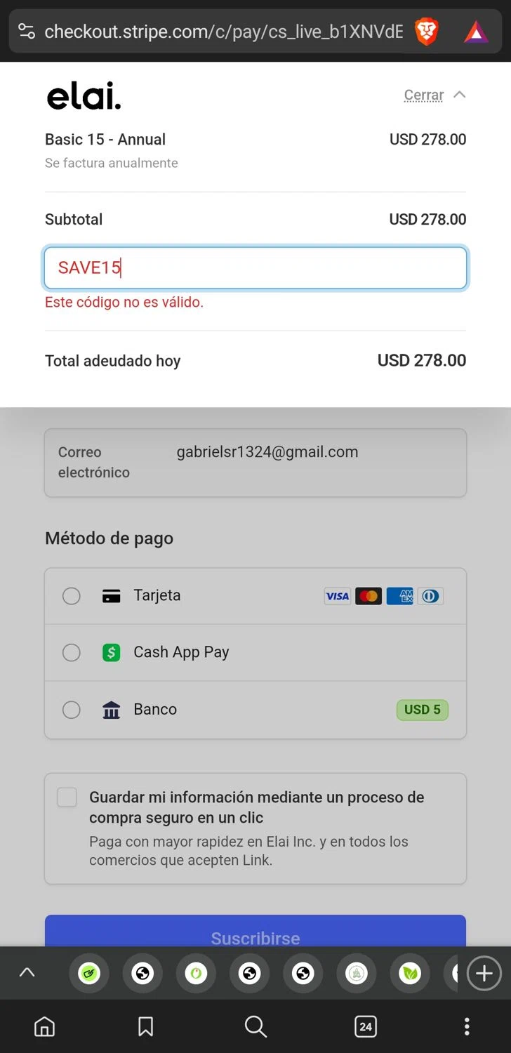 Elai promo code screenshot showing code SAVE15 applied at Elai checkout page. Uploaded by SimplyCodes community member conorgrey on Apr 12, 2025