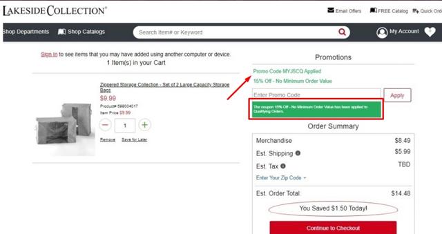 Lakeside checkout page showing Lakeside coupon code box | Screenshot taken by SimplyCodes community member on Jan 16, 2021