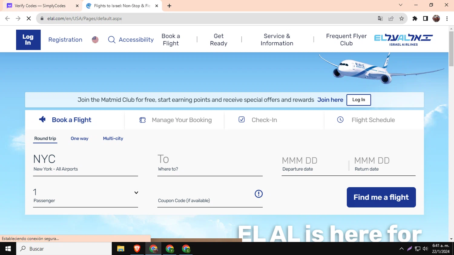 EL AL checkout page showing EL AL coupon code box | Screenshot taken by SimplyCodes community member on Jan 22, 2024
