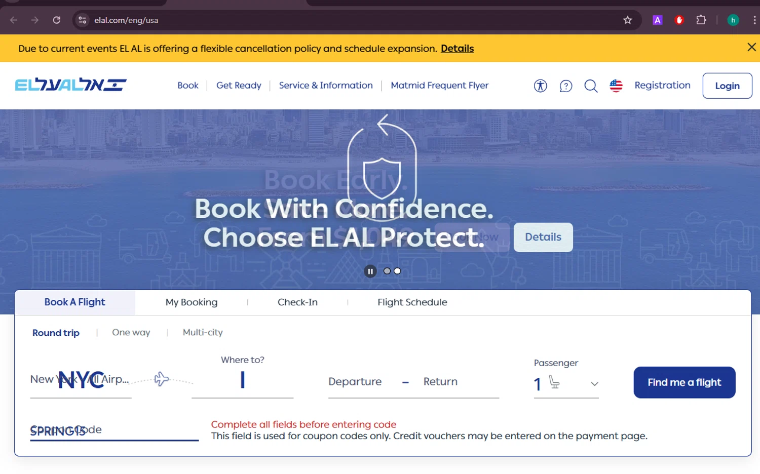EL AL checkout page showing EL AL coupon code box | Screenshot taken by SimplyCodes community member on Nov 5, 2024