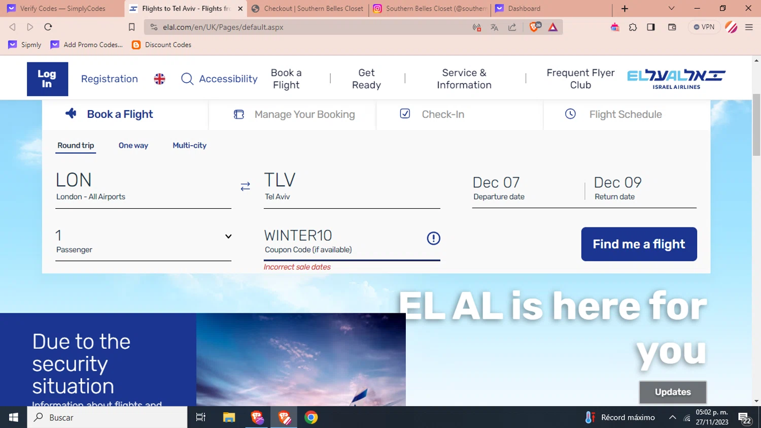 EL AL checkout page showing EL AL coupon code box | Screenshot taken by SimplyCodes community member on Nov 27, 2023