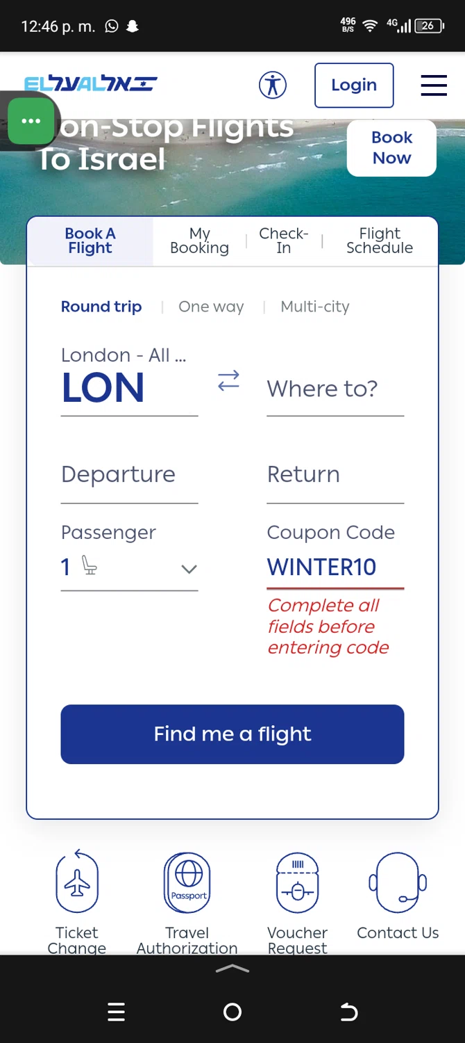 EL AL coupon code screenshot showing code WINTER10 applied at EL AL checkout page. Uploaded by SimplyCodes community member Sanchezcarol on Feb 7, 2025