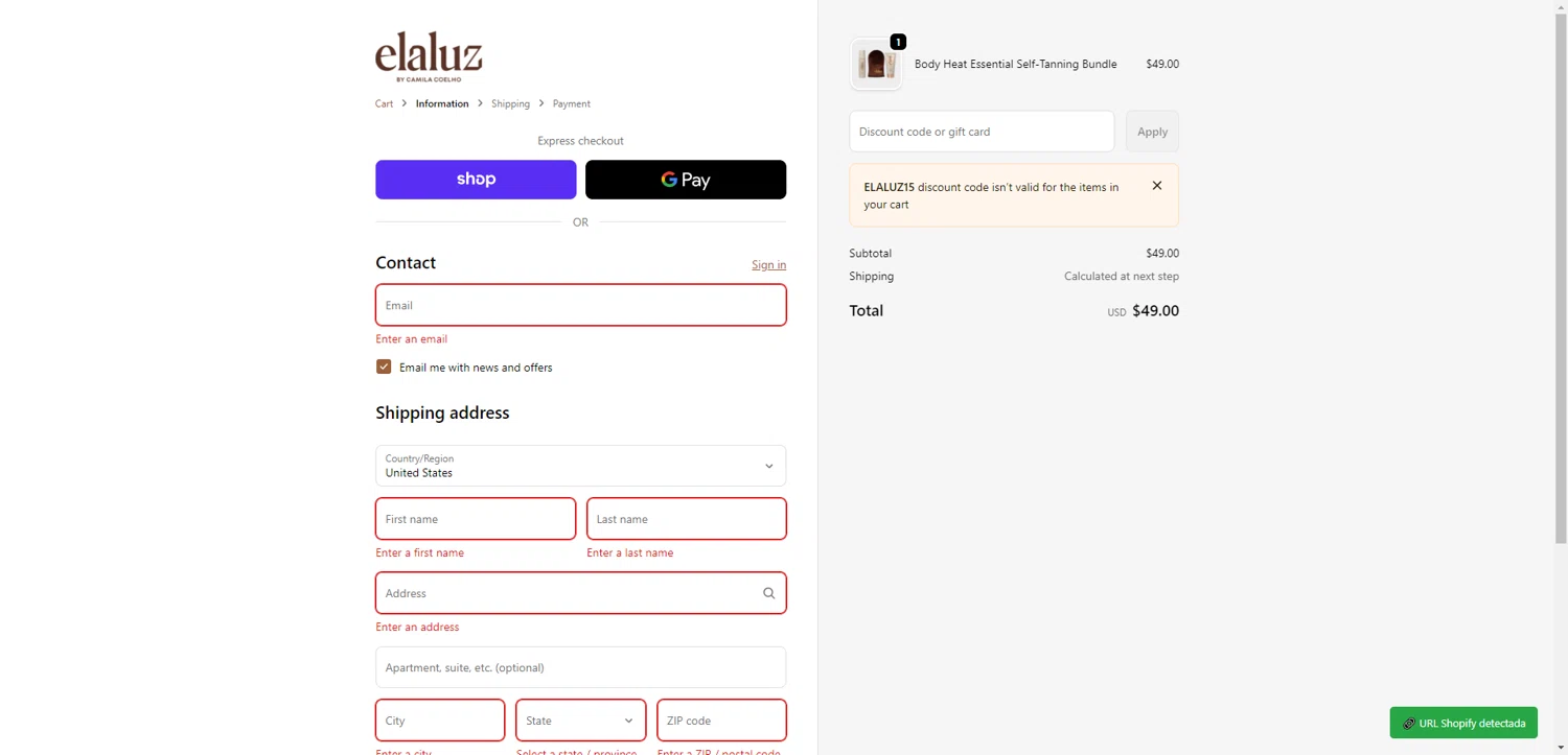 Elaluz checkout page showing Elaluz discount code box | Screenshot taken by SimplyCodes community member on Feb 8, 2026