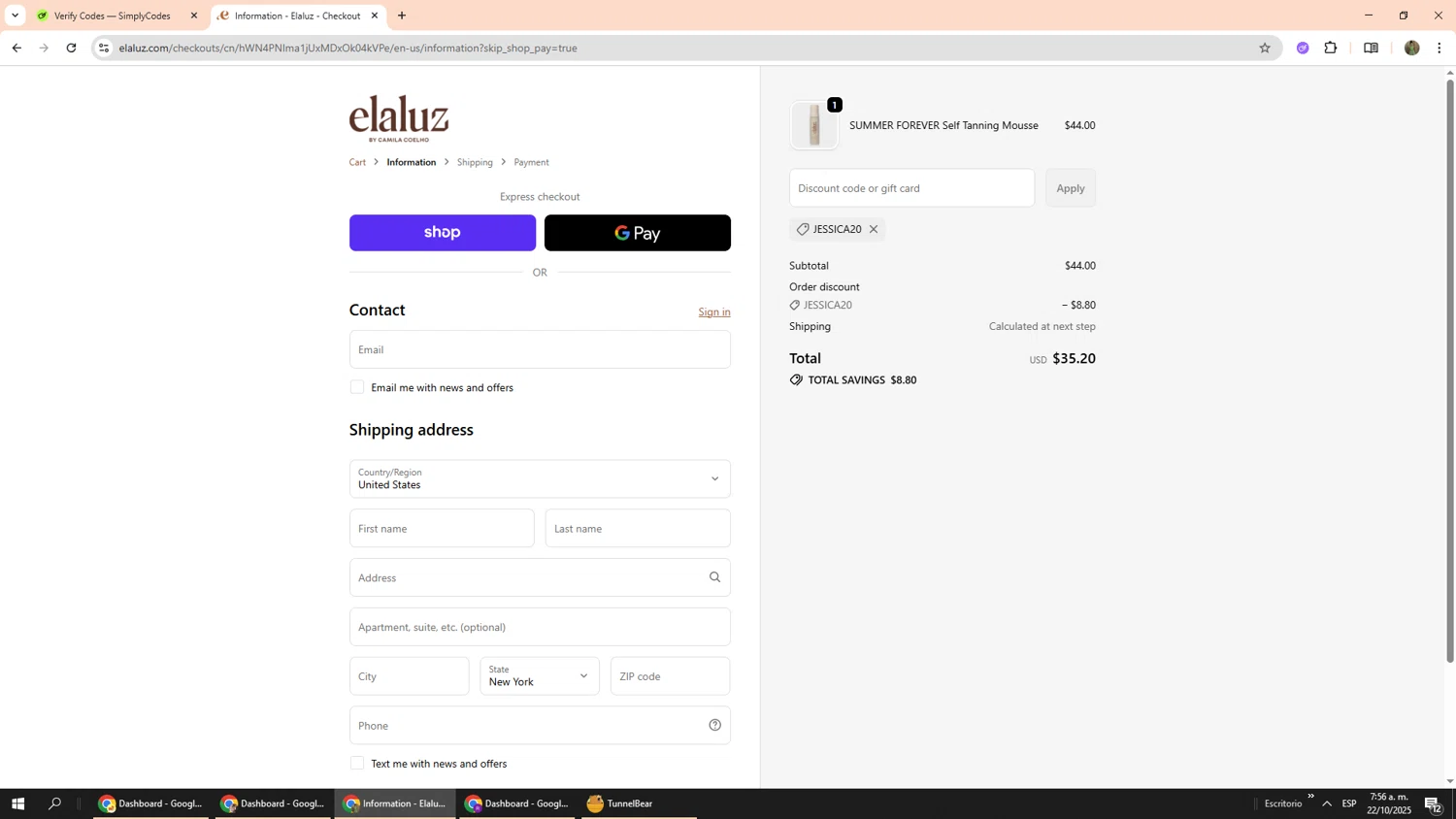 Elaluz discount code screenshot showing code JESSICA20 applied at Elaluz checkout page. Uploaded by SimplyCodes community member Phoenix585 on Oct 22, 2025