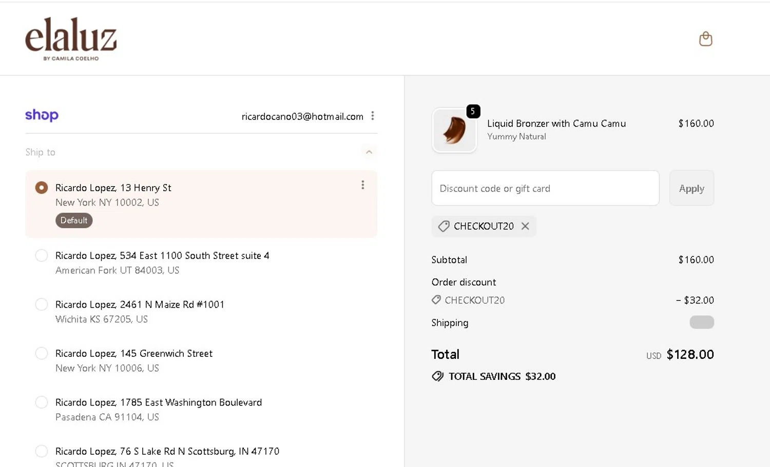 Elaluz discount code screenshot showing code CHECKOUT20 applied at Elaluz checkout page. Uploaded by SimplyCodes community member LAMINEJAMAL on Sep 20, 2025