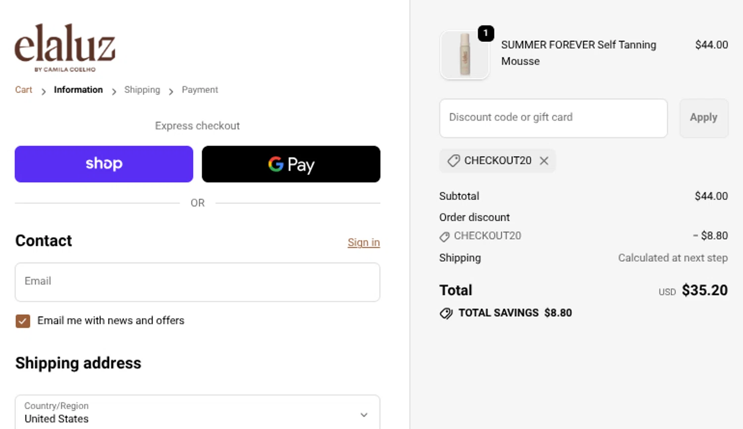 Elaluz discount code screenshot showing code CHECKOUT20 applied at Elaluz checkout page. Uploaded by SimplyCodes community member Mosue17 on Dec 27, 2025