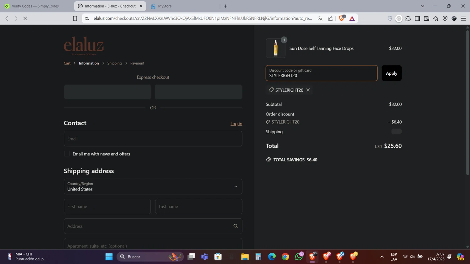 Elaluz discount code screenshot showing code STYLERIGHT20 applied at Elaluz checkout page. Uploaded by SimplyCodes community member Caraxes on Apr 17, 2025