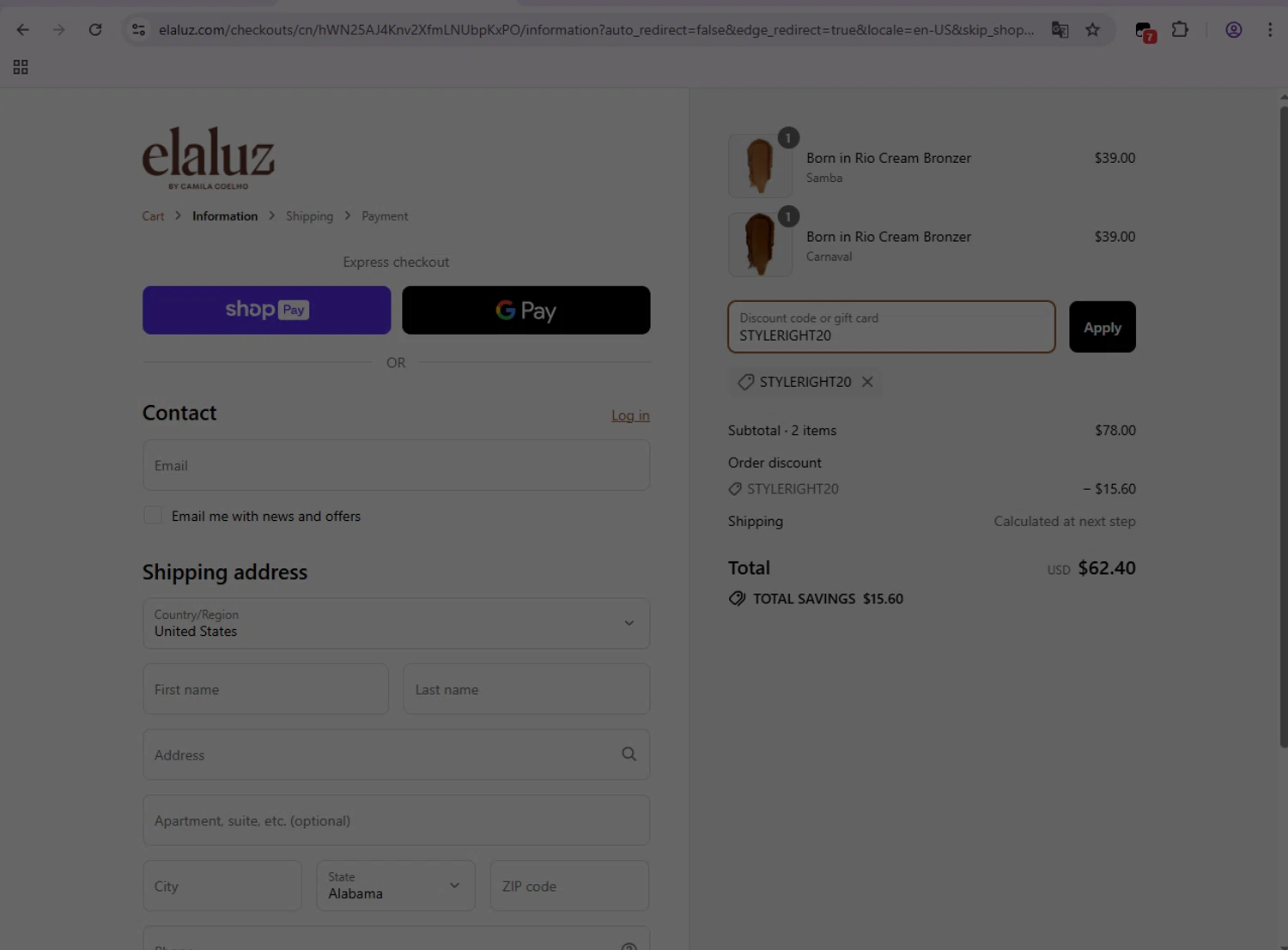 Elaluz discount code screenshot showing code STYLERIGHT20 applied at Elaluz checkout page. Uploaded by SimplyCodes community member SmartPilot7926 on Aug 22, 2025