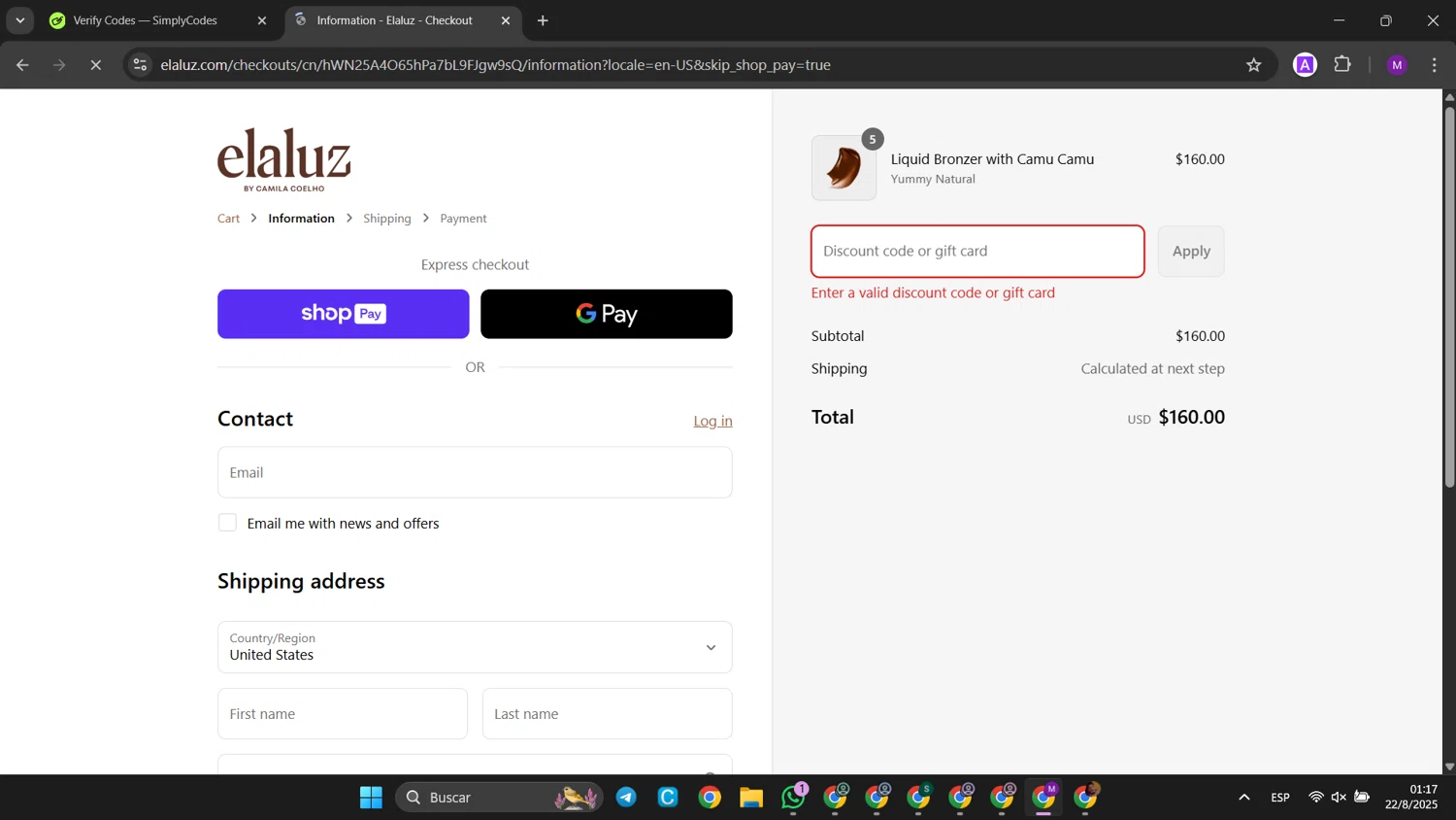 Elaluz discount code screenshot showing code STYLERIGHT20 applied at Elaluz checkout page. Uploaded by SimplyCodes community member jinwoo on Aug 22, 2025