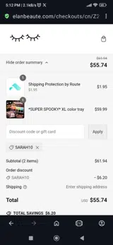 Sarah10 coupon verification screenshot
