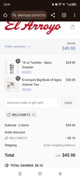 WELCOME15 coupon verification screenshot