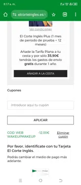 El Corte Inglés coupon verification screenshot
