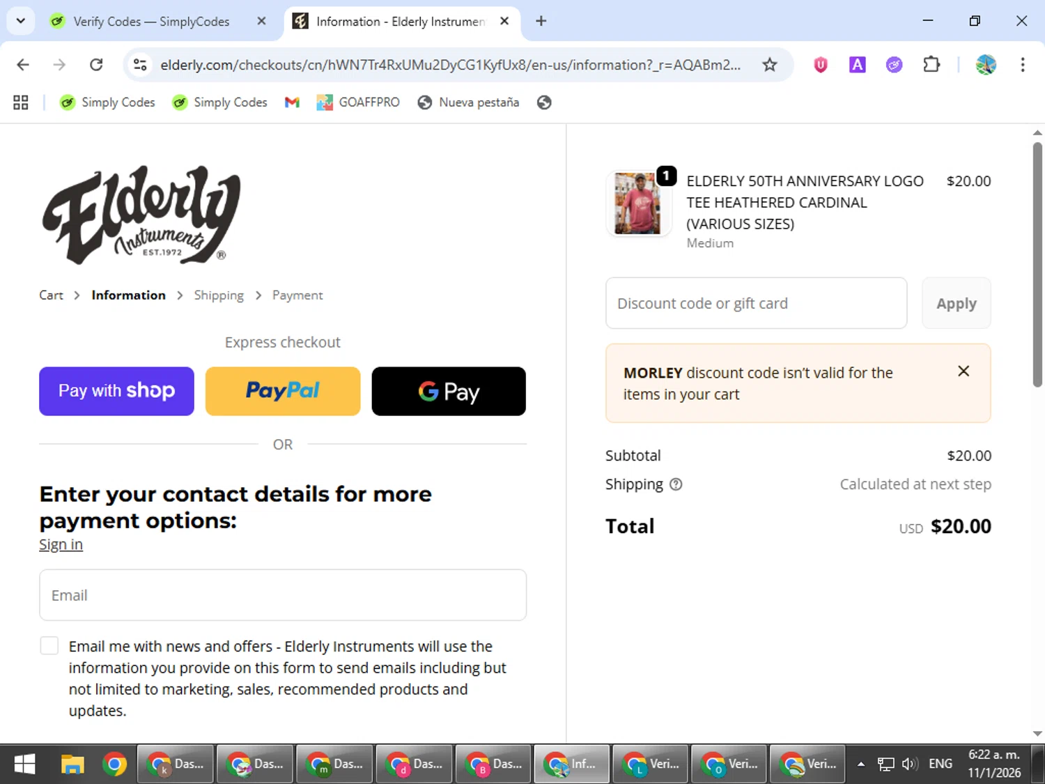 Elderly Instruments promo code screenshot showing code MORLEY applied at Elderly Instruments checkout page. Uploaded by SimplyCodes community member ShrewdSpotter4101 on Jan 11, 2026