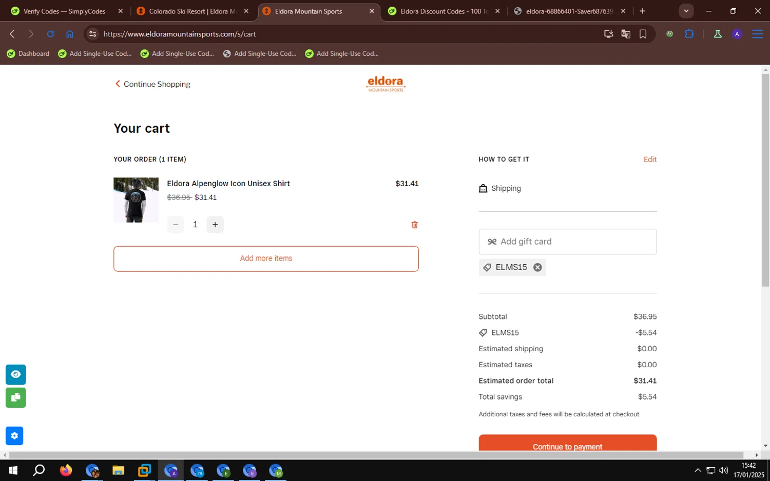 Eldora checkout page showing Eldora discount code box | Screenshot taken by SimplyCodes community member on Jan 17, 2025