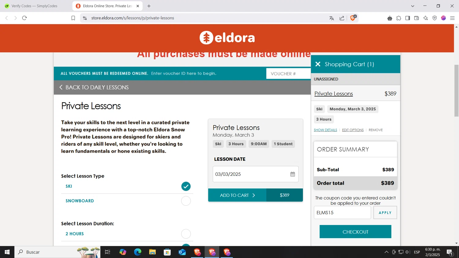 Eldora discount code screenshot showing code ELMS15 applied at Eldora checkout page. Uploaded by SimplyCodes community member AnthonyGTX on Mar 2, 2025