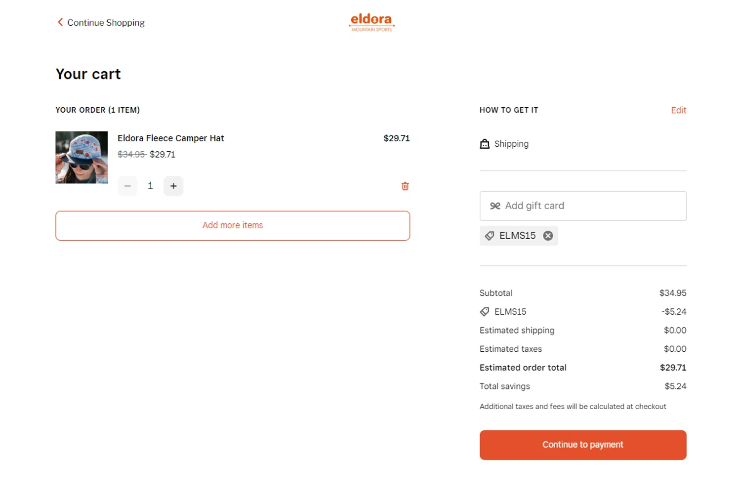 Eldora checkout page showing Eldora discount code box | Screenshot taken by SimplyCodes community member on Jan 17, 2025