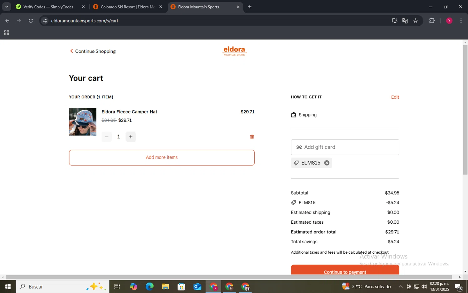 Eldora checkout page showing Eldora discount code box | Screenshot taken by SimplyCodes community member on Jan 13, 2025