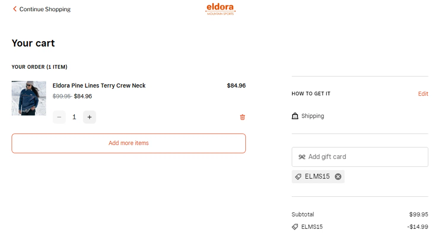 Eldora checkout page showing Eldora discount code box | Screenshot taken by SimplyCodes community member on Feb 23, 2025