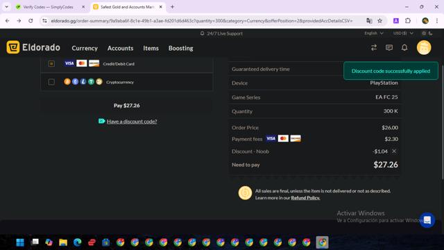 Eldorado GG checkout page showing Eldorado GG discount code box | Screenshot taken by SimplyCodes community member on Oct 30, 2024