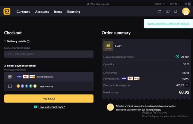 Eldorado GG checkout page showing Eldorado GG discount code box | Screenshot taken by SimplyCodes community member on Nov 8, 2024