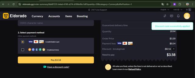 Eldorado GG checkout page showing Eldorado GG discount code box | Screenshot taken by SimplyCodes community member on Oct 23, 2024