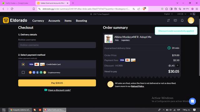 Eldorado GG checkout page showing Eldorado GG discount code box | Screenshot taken by SimplyCodes community member on Nov 13, 2024