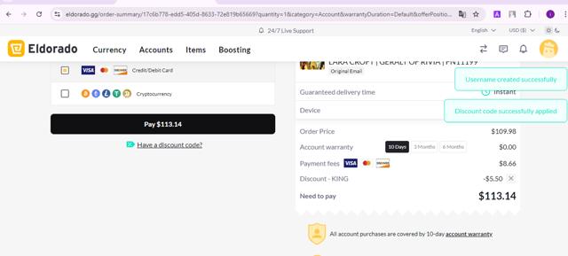 Eldorado GG checkout page showing Eldorado GG discount code box | Screenshot taken by SimplyCodes community member on Nov 14, 2024