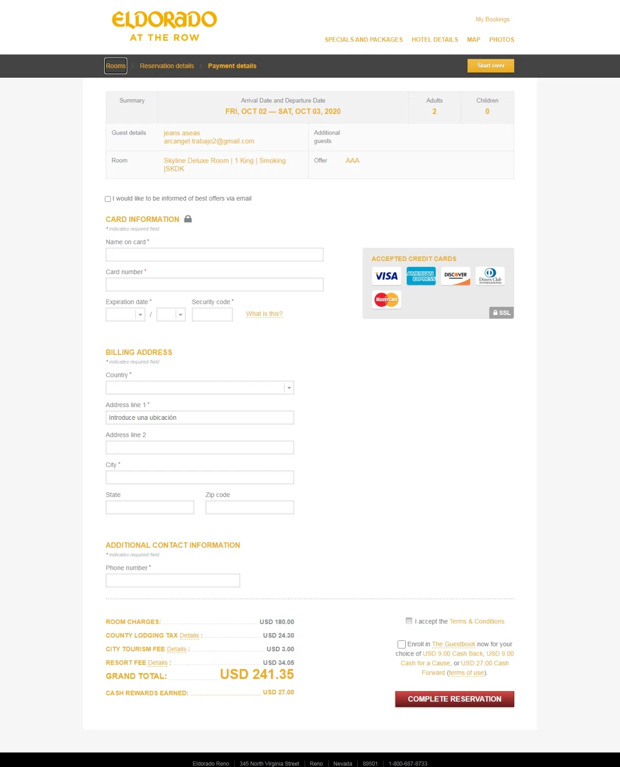 Eldorado Hotel Casino Reno checkout page showing Eldorado Hotel Casino Reno promo code box | Screenshot taken by SimplyCodes community member on Oct 1, 2020