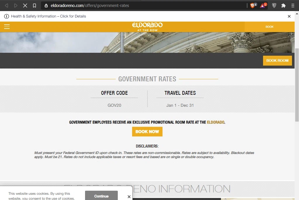 Eldorado Hotel Casino Reno checkout page showing Eldorado Hotel Casino Reno promo code box | Screenshot taken by SimplyCodes community member on Jan 28, 2021