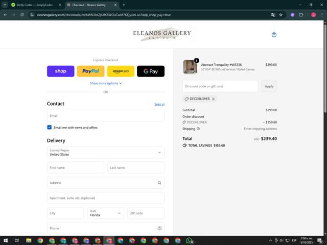 Eleanos Gallery checkout page showing Eleanos Gallery promo code box | Screenshot taken by SimplyCodes community member on Oct 5, 2025