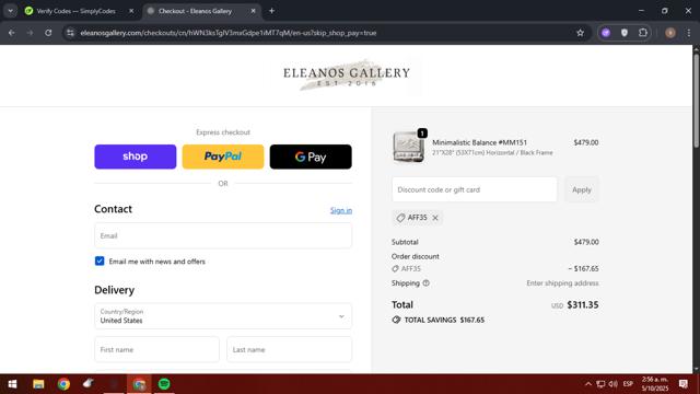 Eleanos Gallery checkout page showing Eleanos Gallery promo code box | Screenshot taken by SimplyCodes community member on Oct 5, 2025