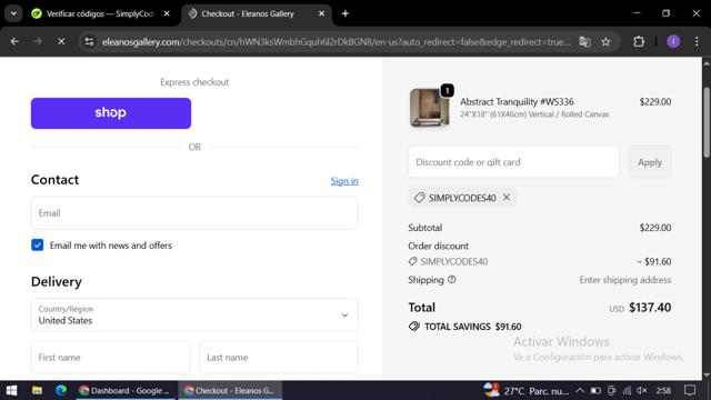 Eleanos Gallery checkout page showing Eleanos Gallery promo code box | Screenshot taken by SimplyCodes community member on Oct 5, 2025