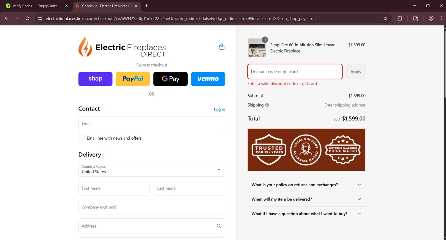 Electric Fireplaces Direct promo code screenshot showing code YAY10 applied at Electric Fireplaces Direct checkout page. Uploaded by SimplyCodes community member LuckyNavigator1490 on Sep 3, 2025
