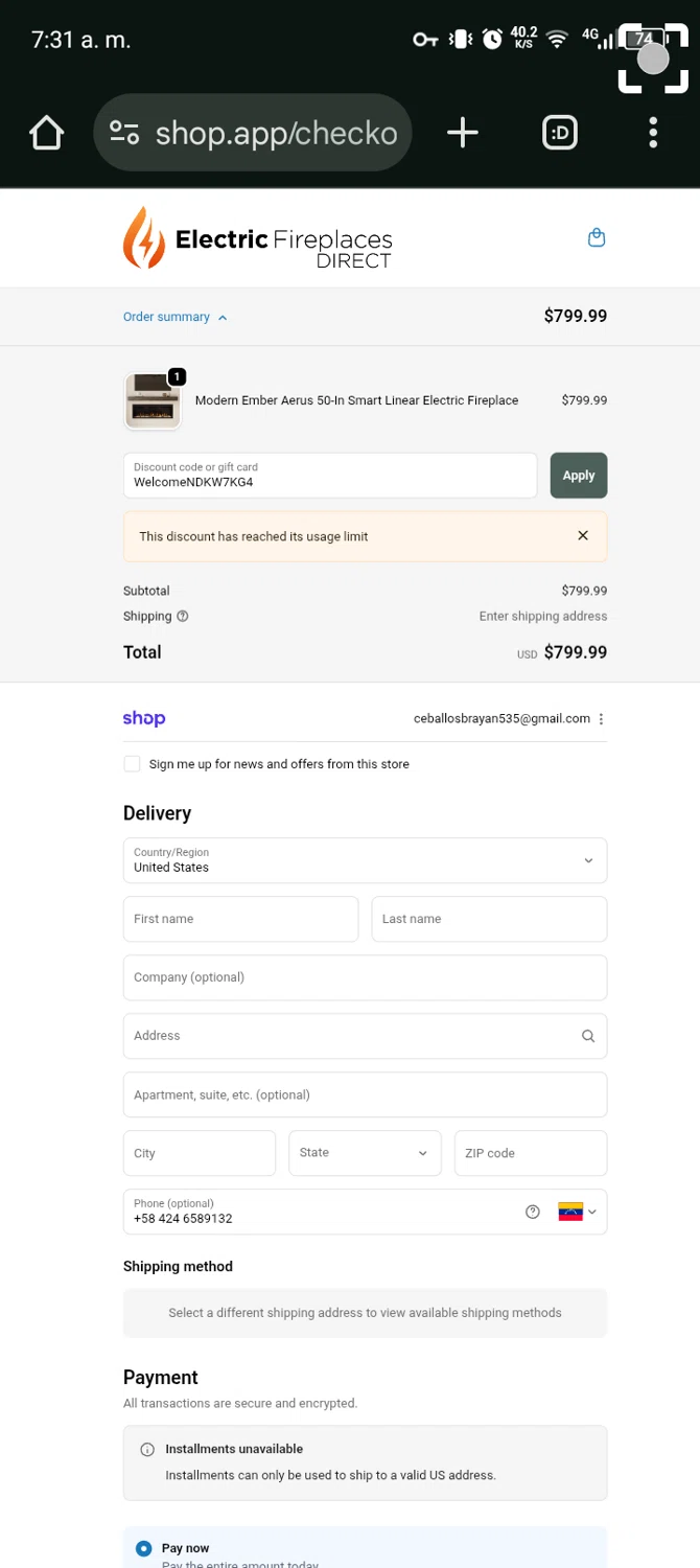 Electric Fireplaces Direct promo code screenshot showing code WelcomeNDKW7KG4 applied at Electric Fireplaces Direct checkout page. Uploaded by SimplyCodes community member Bernado on Oct 5, 2025