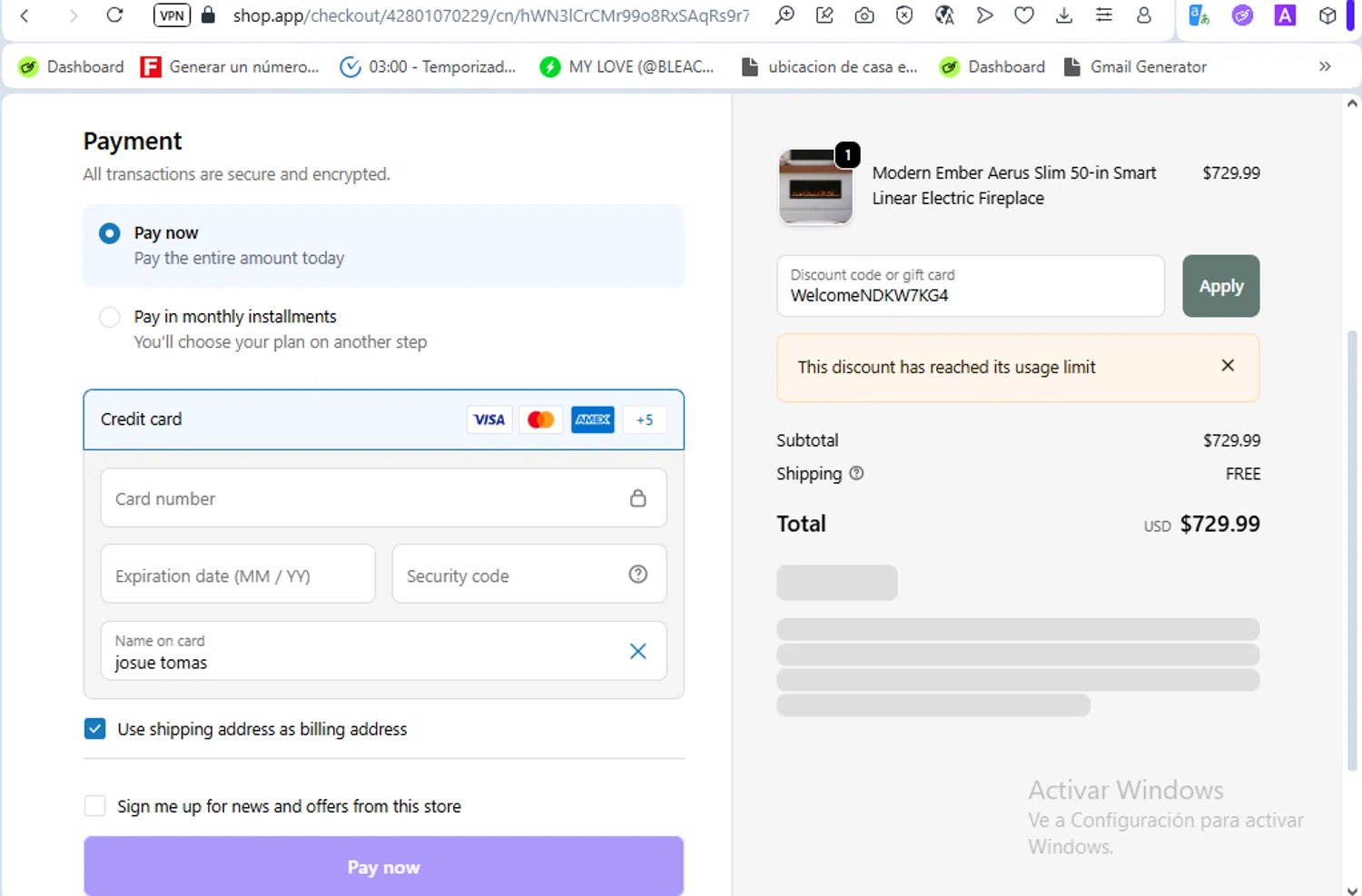 Electric Fireplaces Direct promo code screenshot showing code WelcomeNDKW7KG4 applied at Electric Fireplaces Direct checkout page. Uploaded by SimplyCodes community member ScanSaver5253 on Oct 5, 2025