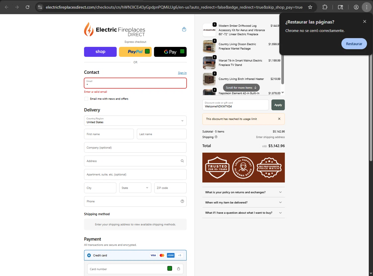 Electric Fireplaces Direct promo code screenshot showing code WelcomeNDKW7KG4 applied at Electric Fireplaces Direct checkout page. Uploaded by SimplyCodes community member jickselyspolanco on Oct 5, 2025
