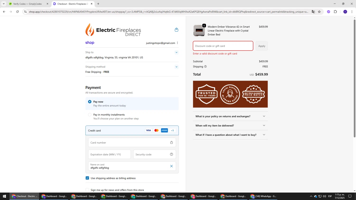 Electric Fireplaces Direct promo code screenshot showing code CRACKLER applied at Electric Fireplaces Direct checkout page. Uploaded by SimplyCodes community member AberthGotopo on Dec 7, 2025