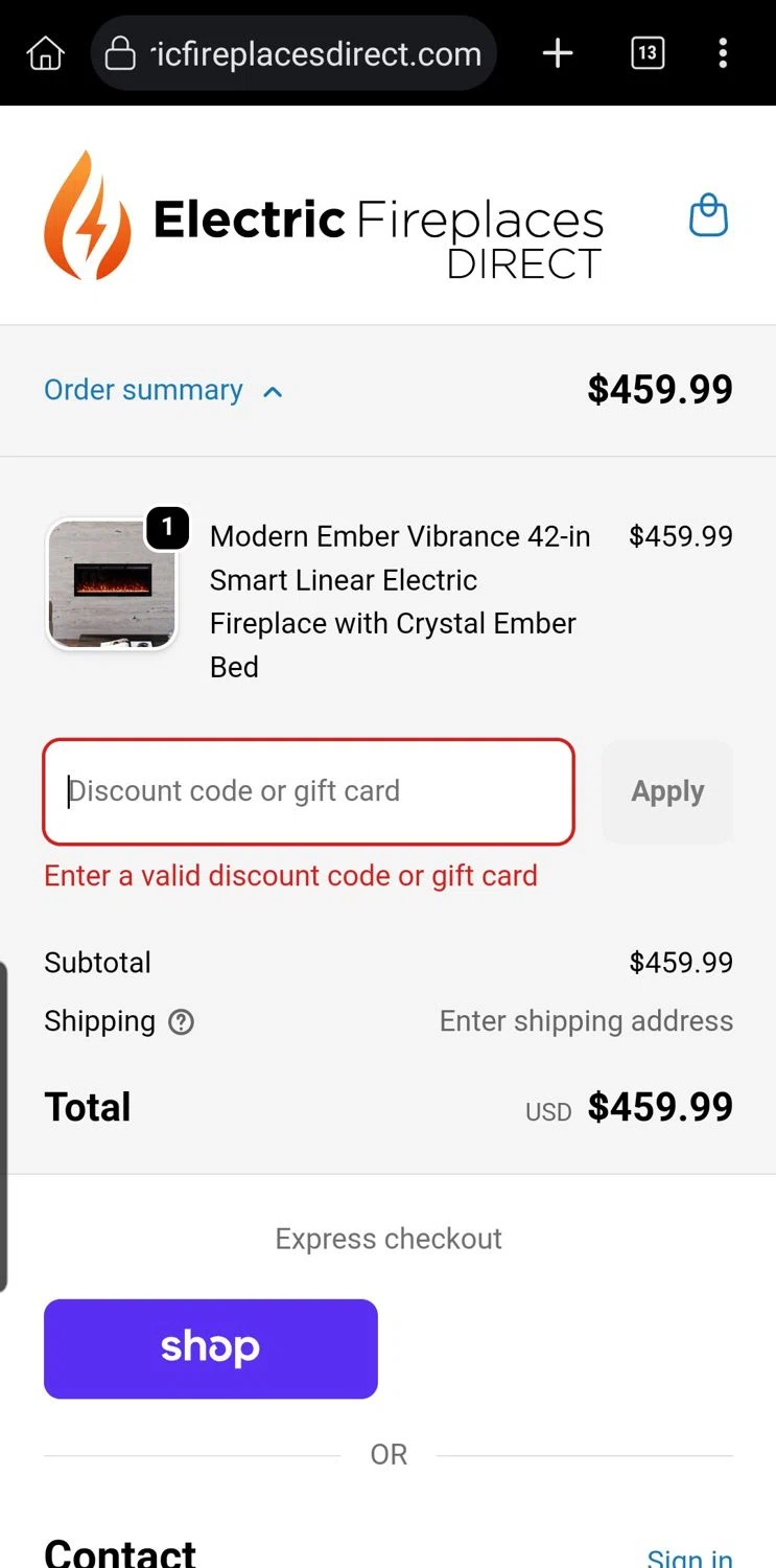 Electric Fireplaces Direct promo code screenshot showing code CRACKLER applied at Electric Fireplaces Direct checkout page. Uploaded by SimplyCodes community member Carloslvz on Dec 7, 2025