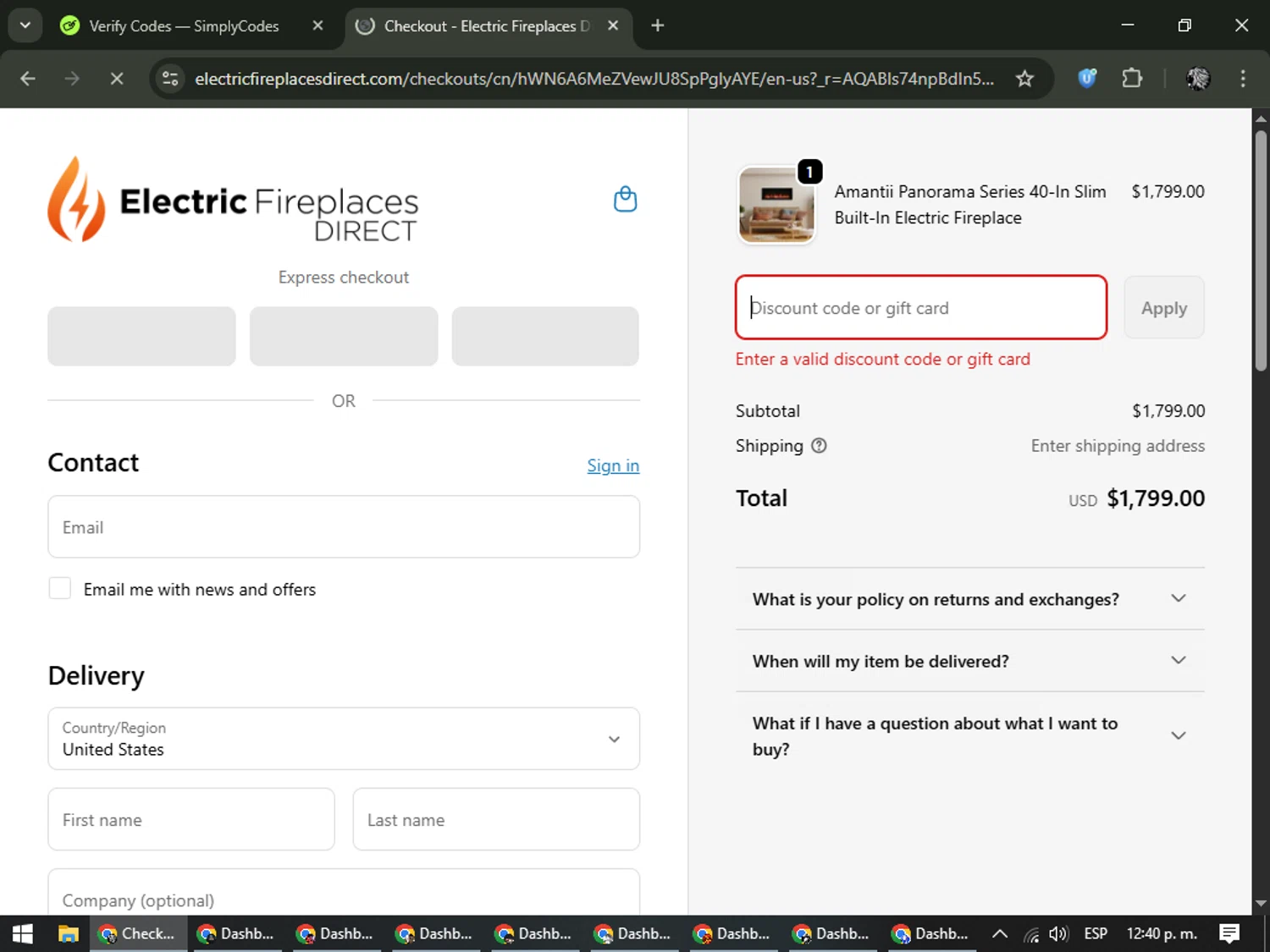 Electric Fireplaces Direct promo code screenshot showing code CRACKLER applied at Electric Fireplaces Direct checkout page. Uploaded by SimplyCodes community member PrimeKnight6101 on Dec 7, 2025