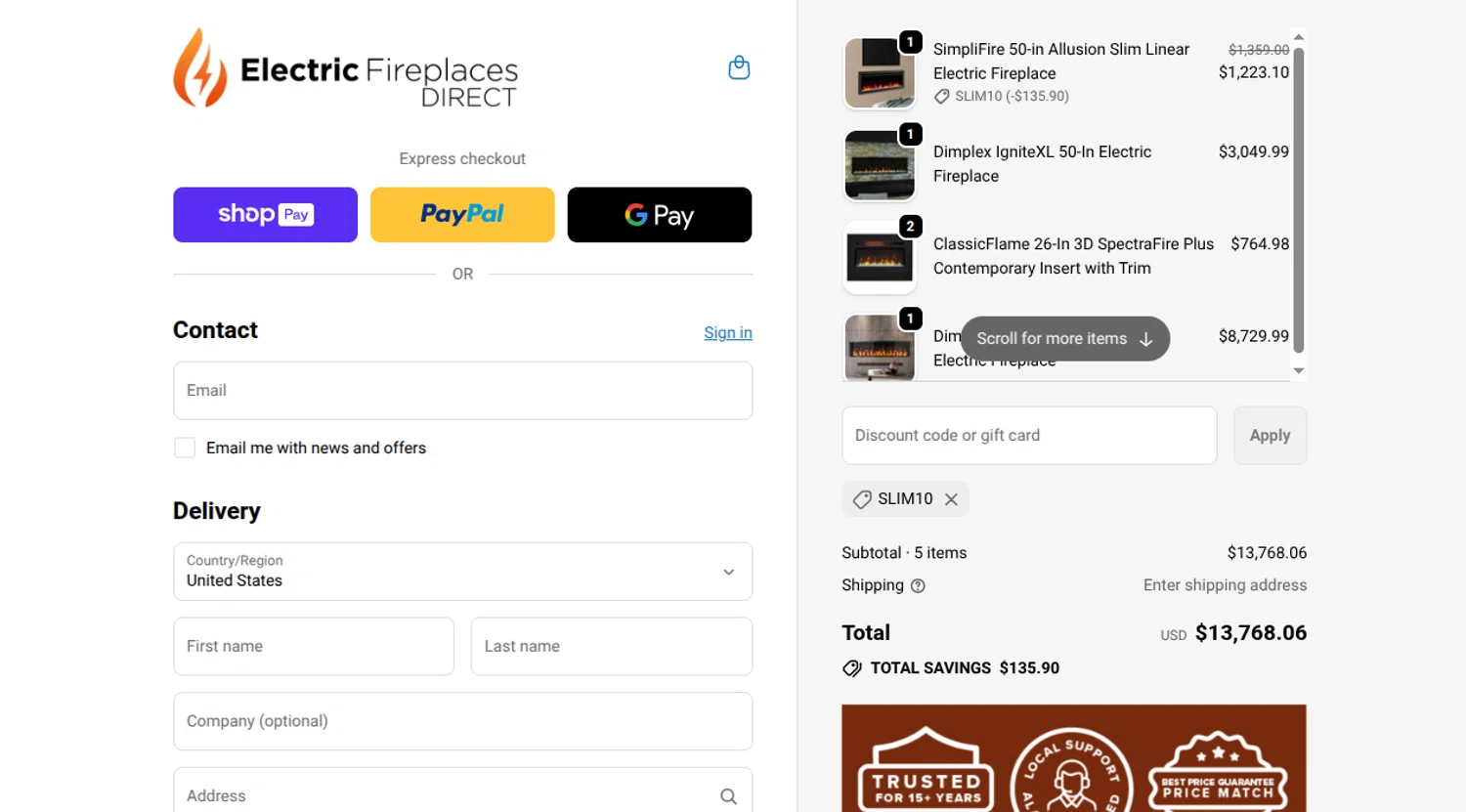 Electric Fireplaces Direct promo code screenshot showing code SLIM10 applied at Electric Fireplaces Direct checkout page. Uploaded by SimplyCodes community member reimalave10 on Jan 6, 2026